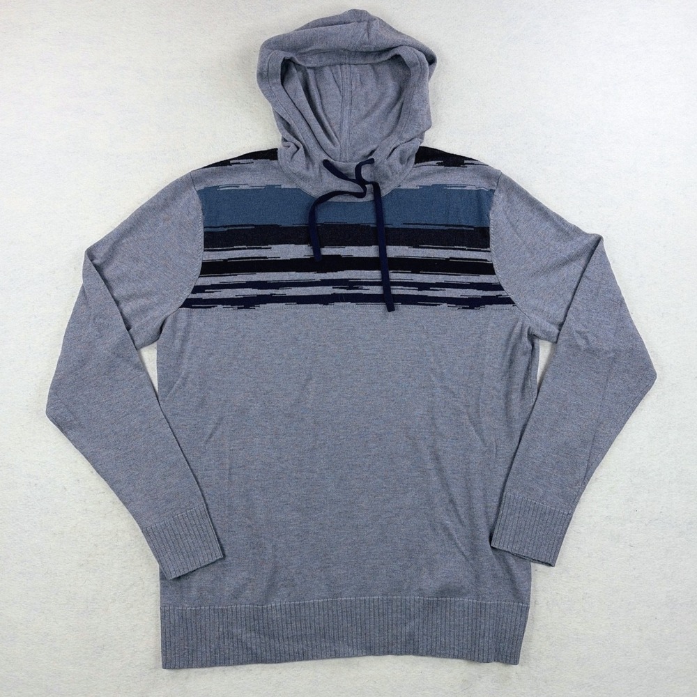 Smartwool Mens Merino Wool Blend Striped Hoodie Grey Blue Pullover Size M